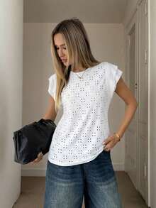 Camiseta de algodón casual de cuello redondo de doble capa con hombros anchos y sin mangas para mujeres, adecuada para uso casual diario, blanco para verano, parte superior de trabajo para verano - Blanco 2 - Ver 3
