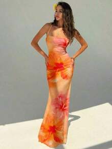 Women's Elegant Hawaiian Floral Print Backless Dress, Summer Vacation Outfit, Beach Dress, Women's Beach Resort Wear, Bohemian Tropical Resort Wear Spring Open Back Summer Dress Orange Beach Dress - 橘色 6 - 查看 2