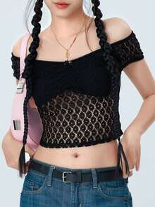 Women's Lace Crop Tops Basic Off Shoulder Short Sleeve Solid Color Slim Fit T-Shirts Ladies Tops - Black - View 5