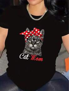 Women's Cat-Themed T-Shirt From Boutique Clothing, Short-Sleeved And Made Of Polyester Fabric, Printed With Cute Cat Designs And A Red Bandana. Lightweight And Durable, A Great Choice For Casual Wear At Home Or In Cafes. - Unisex Cotton T-Shirt, Short-Sleeved, Round Neck, Urban Vintage Style. QLAQ - 黑色 - 查看 2