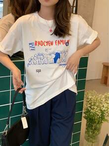 Camiseta casual de manga corta para mujer, personalizada, con estampado de personaje de dibujos animados, corte holgado, top de verano - Camiseta unisex de algodón de manga corta y cuello redondo, estilo vintage urbano. - Blanco - Ver 2