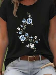 Wo's Heavyweight Short Sleeve T-Shirt - Casual Round Neck Blouse, Spring And Summer Casual Outfit, Birthday Gift For Sister Or Friend, Comfortable And Machine Washable (Not Fabric) - Best Selling Fashion Top - 黑色 - 查看 1