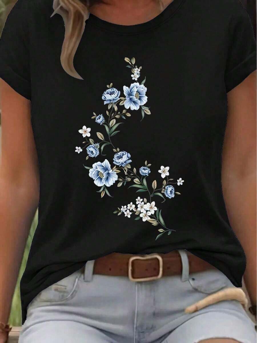 Wo's Heavyweight Short Sleeve T-Shirt - Casual Round Neck Blouse, Spring And Summer Casual Outfit, Birthday Gift For Sister Or Friend, Comfortable And Machine Washable (Not Fabric) - Best Selling Fashion Top - 黑色 - 查看 1