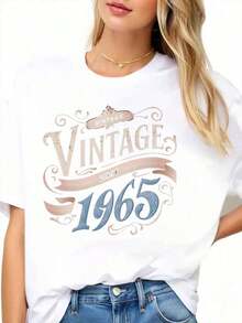Women's Vintage Classic Graphic T-Shirt Since 1965, Birthday Gift, Celebration Wear - Vintage Urban Style, Unisex, Loose Fit, Cotton, Short Sleeve, Crew Neck, 100% Cotton - 白色 - 查看 3