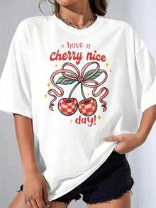 Women's Blouses, White T-Shirt For Girls, Cute Oversized T-Shirt With Cherry Print And The Text "Have A Cherry Nice Day", Casual Summer Clothes For Women, For Outdoor Parties, Casual Printed T-Shirt, Suitable For Spring, Summer And Autumn. - 白色 - 查看 1