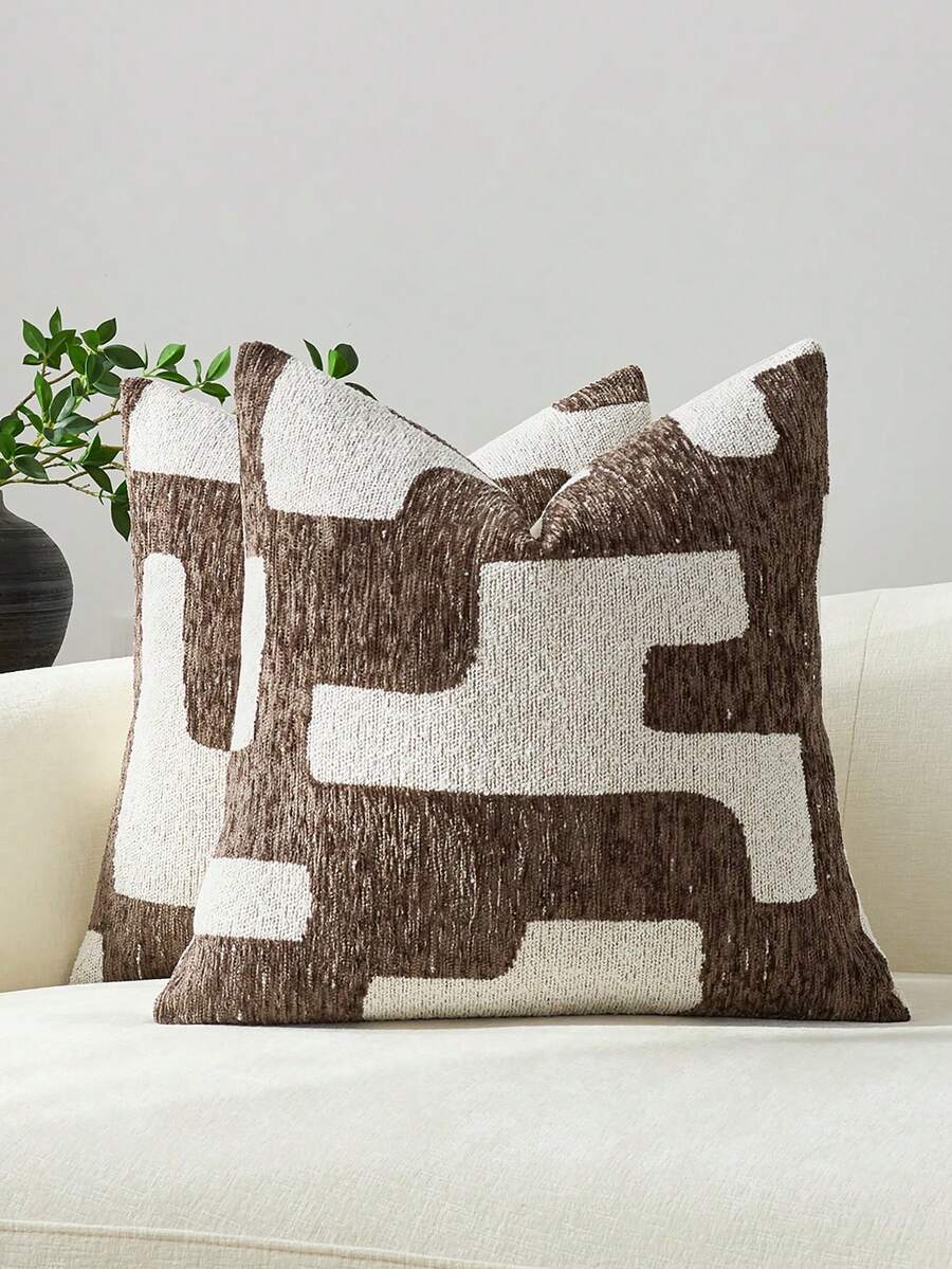 1/2 chiếc vỏ gối trang trí họa tiết hình học màu nâu, chất liệu jacquard chenille mật độ cao, hình vuông, tùy chỉnh, thích hợp cho gia đình, ghế sofa, giường, ghế, tiệc tùng, làm quà tặng bạn bè, phù hợp cho mọi mùa. - màu nâu - Xem 1