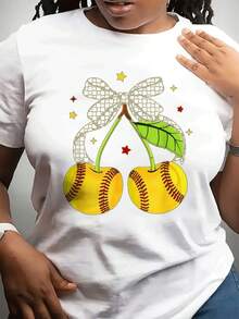 Women's Plus Size Crew Neck Baseball T-Shirt With Cherry Print - Soft Casual Crew Neck Holiday Tee, Decorated With Bright Yellow Cherries, Plaid Ties, And Red Polka Dots - Comfortable For All Seasons, Suitable For Everyday Wear, Parties, And Themed Events - Machine Washable. Casual Women's Blouses - 白色 - 查看 7