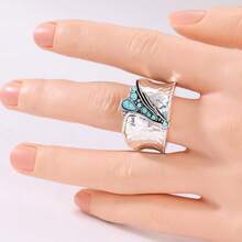 Fashionable Wide Band Synthetic Turquoise Ring, Suitable For Women, Vintage Minimalist Design, Bohemian Multi-Functional Ring - Silver - View 9