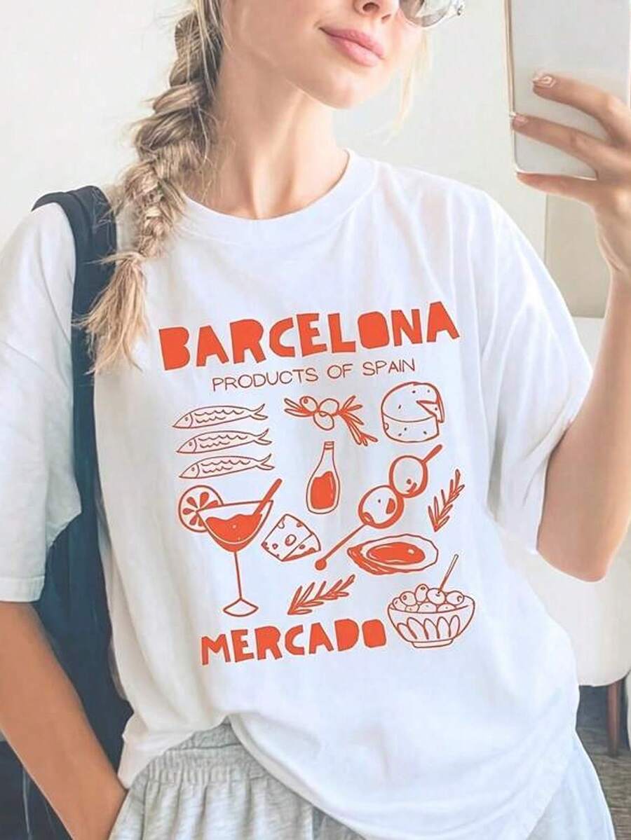 Women's Short-Sleeved T-Shirt With Round Neck And Print. Products Of Barcelona Market Of Spain. Sizes S-3XL. Fashionable, Comfortable And Breathable. Machine Washable. - 白色 - 查看 1