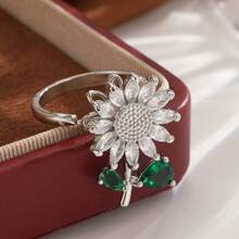 1 pieza Anillo giratorio Fidget de cobre con circonita, con diseño de flor, estrella y luna, para alivio de ansiedad y estrés, para uso diario, regalo - Plateado - Ver 8