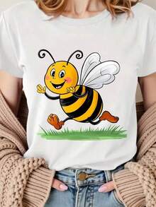 Camiseta de manga corta con cuello redondo y estampado para mujer Linda Abeja Volando Sobre el Pasto S-3XL moda, cómodo y transpirable unio lavable a máquina - Blanco - Ver 2