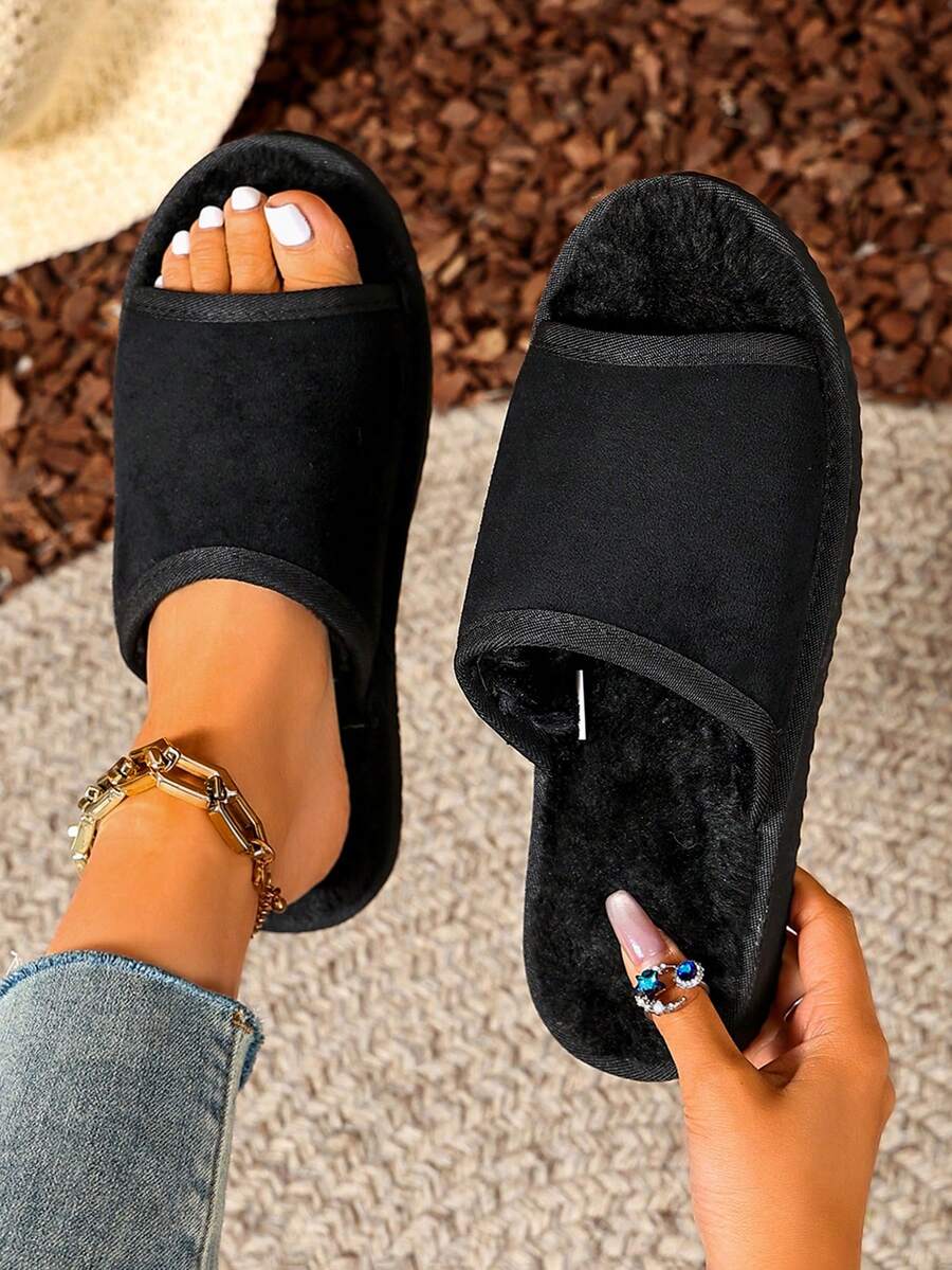 Autumn/Winter Soft Bottom Comfortable Retro Plush Open Toe Slip-On House Slippers, Suitable For Indoor And Outdoor Wear - Black - View 1