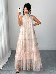 Vestido de malla floral sin mangas elegante para mujer de talla grande - Beis - Ver 4