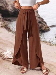 Pantalones anchos de pierna dividida de diseño de moda para uso diario, casual y elegante, de unicolor para el verano y las vacaciones - Blanco - Ver 5