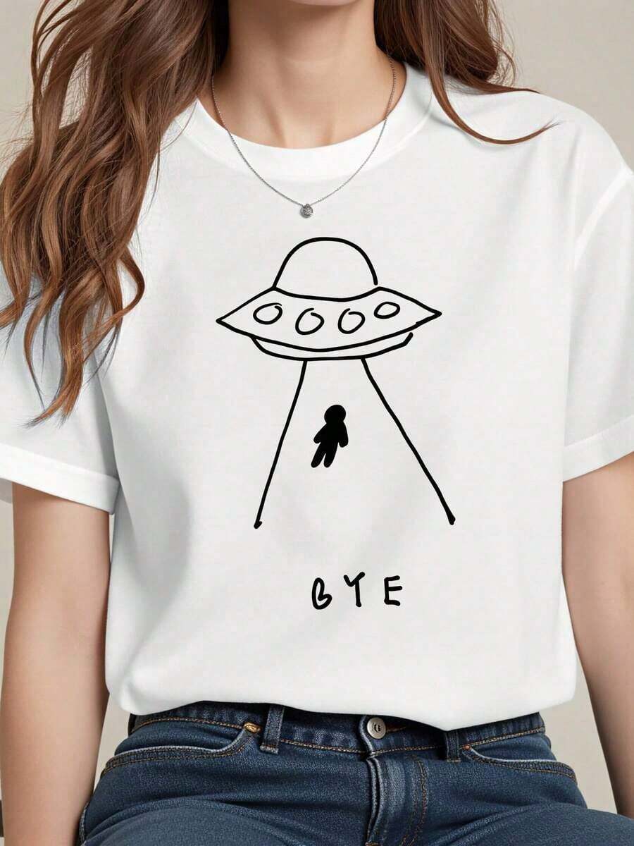 Crew Neck T-Shirt With UFO Print, Casual Loose Fit, Minimalist Design, Simple Line Graphic Art With Alien And Flying Saucer, Gye Text Detail, Women's Streetwear, Everyday Wear, 180g Cotton Blend. - 白色 - 查看 1