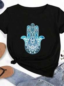 Women's T-Shirts With Simple And Versatile Design, Christmas Hamsa Hand Print, Unisex Harajuku T-Shirts With Lucky Hamsa Hand, Short Sleeve Summer T-Shirts, Black Cotton T-Shirts For Women - 黑色 - 查看 7