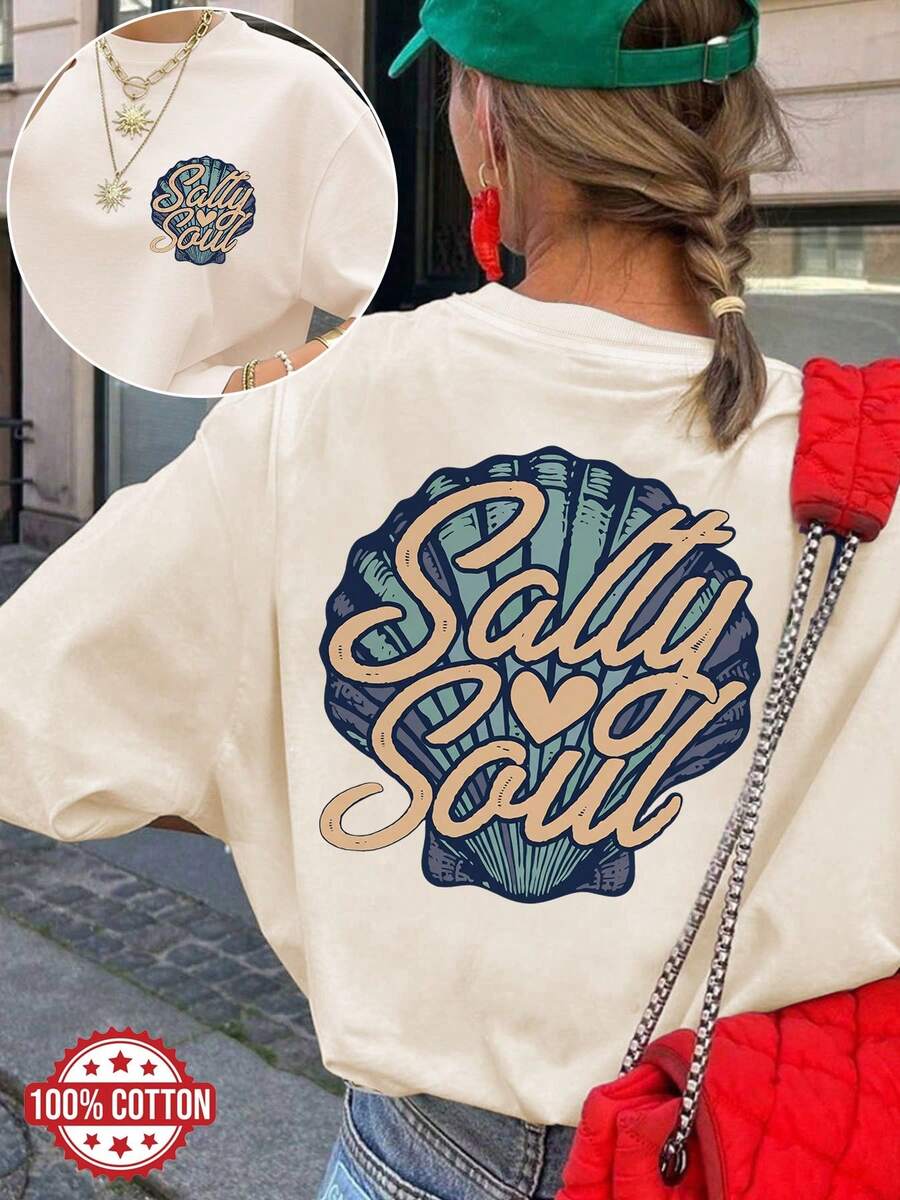 [Double-Sided Print] Women's Spring And Summer Clothing, Women's Tops, Vintage Style, Shell And Heart Design, Salty Style, Versatile, Short Sleeve, Off-The-Shoulder, Pure Cotton Oversized T-Shirt [Quan K] - 杏色 - 查看 1