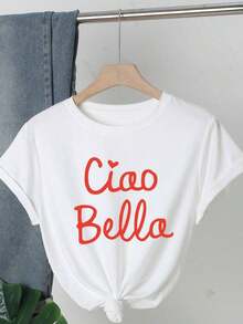 Women's Casual T-Shirt, One Piece, Round Neck, With "Ciao Bella" Print, Short Sleeve, Polyester Fabric, Suitable For All Seasons, 100% Cotton, Durable - 白色 - 查看 7