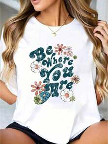 Women's Short Sleeve T-Shirt, 1 Piece, White T-Shirt With Floral And Letter Print, Round Neck, Casual Cotton T-Shirt, Medium Stretch Knit Fabric, Regular Fit For Ladies, Sizes S-XXL. - 白色 - 查看 5