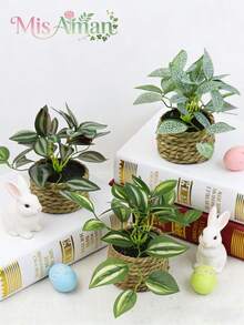 1/3pcs Artificial Rattan Small Potted Plants, Hanging Bamboo Planter, Nettle Grass, Seaweed Rope, Green, PE & Polyester Material, Desktop Decor, Suitable For School Dorm, Office, Party, Holiday, Home Entrance, Hotel, Bedroom, Kitchen, Garden Decoration - Multicolor-a - View 5