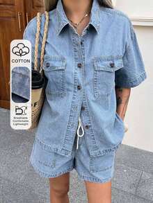 Conjunto de camisa casual lavada con bolsillo y shorts vaqueros para mujer, de verano - Azul - Ver 4