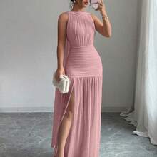 Vestido plisado con abertura y espalda descubierta de unicolor elegante para mujer, de verano - Rosa - Ver 4