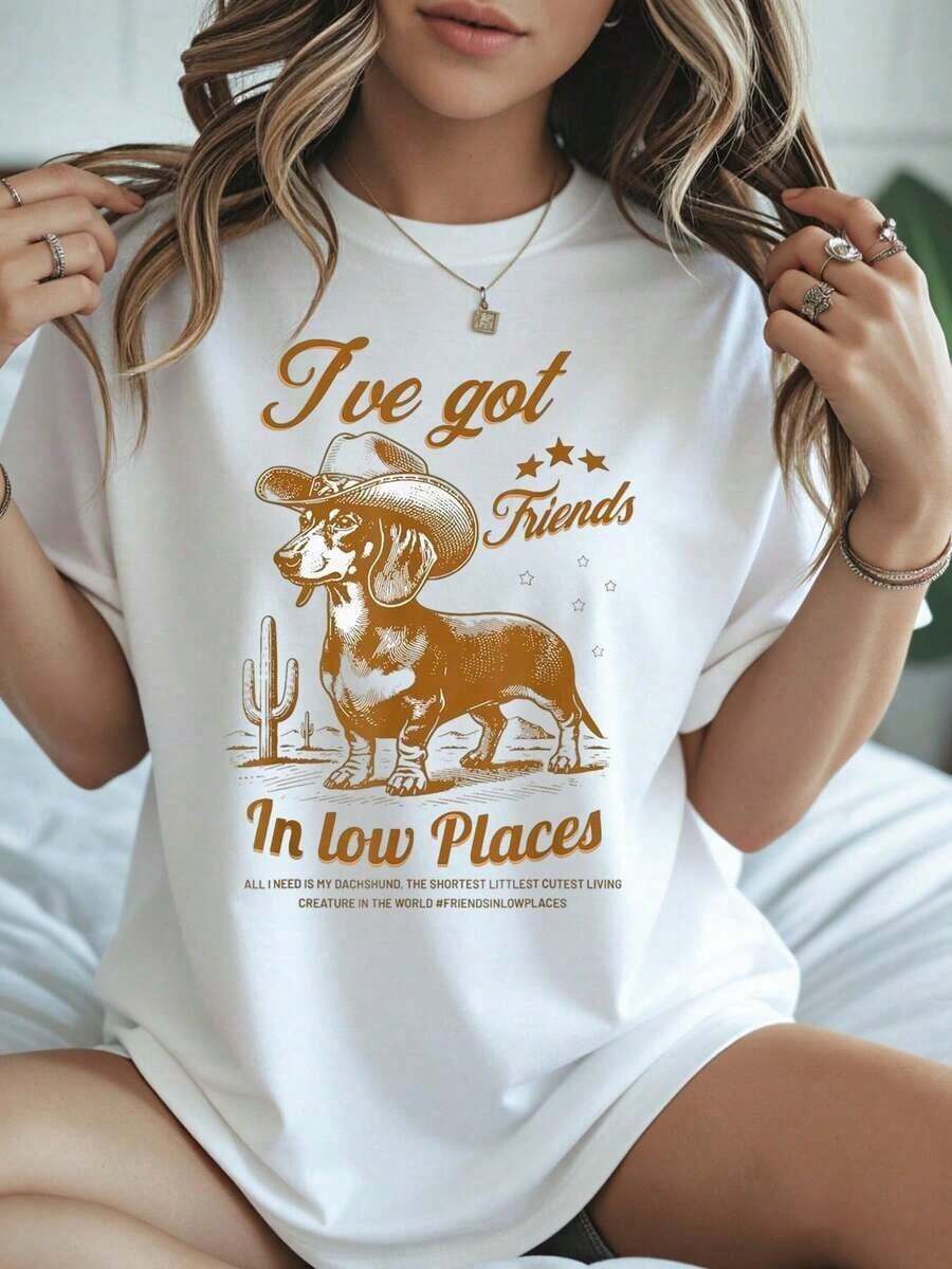 New Fashionable Women's T-Shirt With Round Neck, Dachshund Dog Design, Western Cowboy Hat And Cactus, For Women, Men And Unisex, Versatile Casual Summer T-Shirt. - 白色 - 查看 1