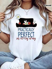 "PRACTICALLY PERFECT In Every Way" Women's Hat Print T-Shirt, Vintage Party Top, Dreamy Retro Short Sleeve Style, Everyday Urban Style T-Shirt, Casual Blouses For Women. - 白色 - 查看 7