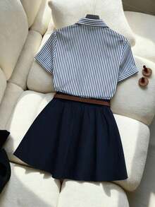 Conjunto de 2 piezas de camisa de manga corta a rayas y falda plisada de estilo casual de verano - Albaricoque - Ver 2