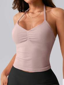 NcmRyu 1pc Women Solid Color Adjustable Spaghetti Strap V-Neck Ruched Backless Sports Camisole - Light Grey - View 3