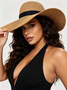 1pc Women's Wide Brim Sun Hat, Black Ribbon Decor, Foldable UV Protection Beach Hat, Suitable For Summer Travel - Multicolor - View 1