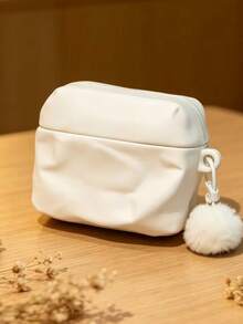 Novelty Minimalist White Cloud Wrinkled AirPodHeadphone Case, Soft Silicone Pouch Style Protective Cover With Fuzzy Pom Pom Keychain, Shockproof Earbud Case For AirPod3/4 & Pro/Pro 2/Pro3, Aesthetic Daily Use Accessory - White - View 1