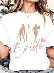 Camiseta de Cuello Redondo para Mujer con Estampado Gráfico de  para Novias y Diseño de Silueta para Fiesta de Bodas, Fiesta de Solteras, 220g. Playera Holgada para Mujer. - Blanco - Ver 1