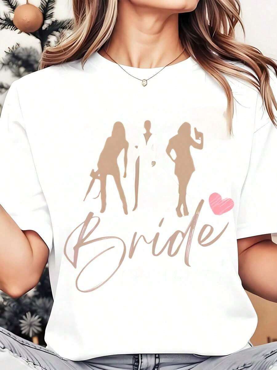 Camiseta de Cuello Redondo para Mujer con Estampado Gráfico de para Novias y Diseño de Silueta para Fiesta de Bodas, Fiesta de Solteras, 220g. Playera Holgada para Mujer. - Blanco - Ver 1