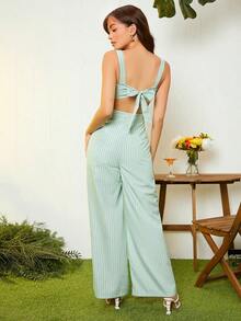 VCAY Jumpsuit de tirantes de rayas de espalda abierta con nudo - Multicolor - Ver 2
