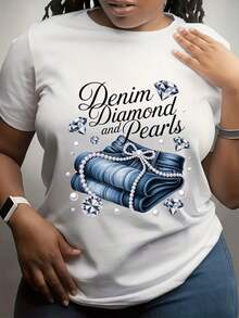 Women's Plus Size T-Shirt 0XL-5XL - Women's Plus Size Denim Graphic T-Shirt With Diamond And Pearl Pattern | Elegant Casual Blouse For Office, Soft And Comfortable Fashion T-Shirt, Round Neck, Regular Sleeve, For All Seasons - 白色 - 查看 1