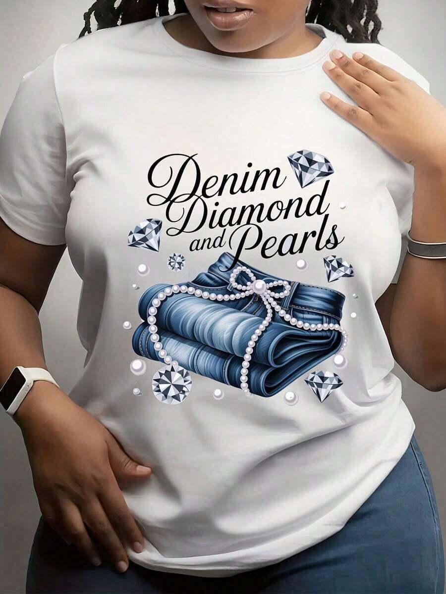 Women's Plus Size T-Shirt 0XL-5XL - Women's Plus Size Denim Graphic T-Shirt With Diamond And Pearl Pattern | Elegant Casual Blouse For Office, Soft And Comfortable Fashion T-Shirt, Round Neck, Regular Sleeve, For All Seasons - 白色 - 查看 1