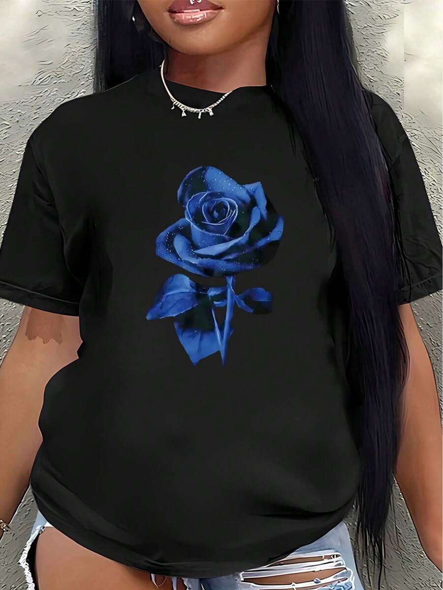 Lightweight And Durable Short-Sleeved T-Shirt With A Blue Rose Design, Suitable For Home, Restaurants, Or Outdoor Leisure Occasions. Made From Comfortable And Soft Material, Perfect For Everyday Activities. Women's Casual Blouse - 黑色 - 查看 1