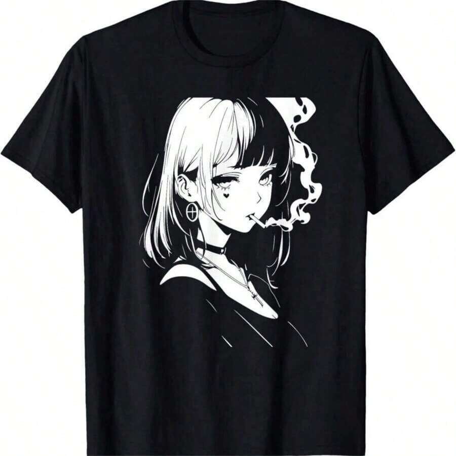 1 Piece Short Sleeve T-Shirt With Pastel Anime Cat Girl Print, Round Neck, Casual Style, Plus Size, Business Casual Wear, Cute Character Design, Y2K Inspired, Regular Fit, Suitable For All Seasons, Tumble Dry, 180g, 100% Cotton. | Exquisite Design | Loose And Comfortable | Easy To Match | - 5 - 查看 1