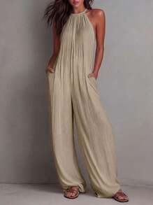 White Wide-Leg Jumpsuit With Pleats And Open Back, Perfect For A Holiday Look. - Khaki - View 4