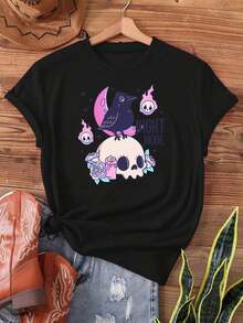 Camiseta Deportiva Casual para Mujer - Camiseta Negra Elástica de Cuello Redondo con Colorido Diseño de Calavera de Pájaro de Caricatura y Rosas, Lavable aáquina, Ajuste Cómodo y Perfecta para Todas las Estaciones, para Amantes del Estilo Alternativo. - Negro - Ver 6