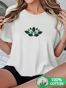 Women's T-Shirt With A Symmetrical Pattern Of Light And Dark Green Leaves, New Summer And Autumn Collection, Round Neck, Modern, Breathable, Casual, Versatile, Short Sleeves, And 100% Cotton, Suitable For Family Trips, Vacations, And Leisure Activities. Women's T-Shirts. - 白色 - 查看 8