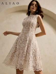 Vestido transparente con empalme de malla y bordado de paisley elegante de Aliao, adecuado para la temporada de bodas, el Día de San Valentín, eventos de fiesta, estilo retro, estilo palaciego, atuendo llamativo, uso diario elegante, primavera/verano - Albaricoque - Ver 2
