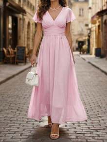 Vestido midi con mangas con volantes de estilo francés vintage, cintura ceñida, elegante y romántico de gasa ligera para mujeres - Rosa - Ver 3