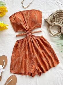 Women's Brown Wicker Leaf Textured Jumpsuit, Strapless, Waist Cut, Suitable For Vacation, Beach, Music Festival, Hippie Style, Party, Date, Afternoon Tea - 棕色 - 查看 8