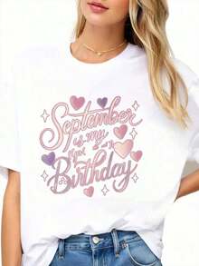 Women's "September Is My Birthday" Graphic T-Shirt, Celebrate Your Birth Month With Heart And Star Design, Perfect For Birthday Gifts And Special Occasions - Vintage Urban Style, Unisex, Cotton, Short Sleeve, Crew Neck, 100% Cotton - 白色 - 查看 3