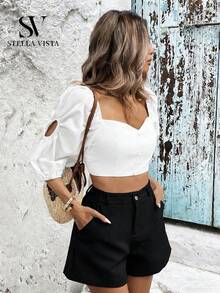 Elegant Women's Cotton Blouse With Short Puff Sleeves, Ideal For Summer. - trắng - Xem 3