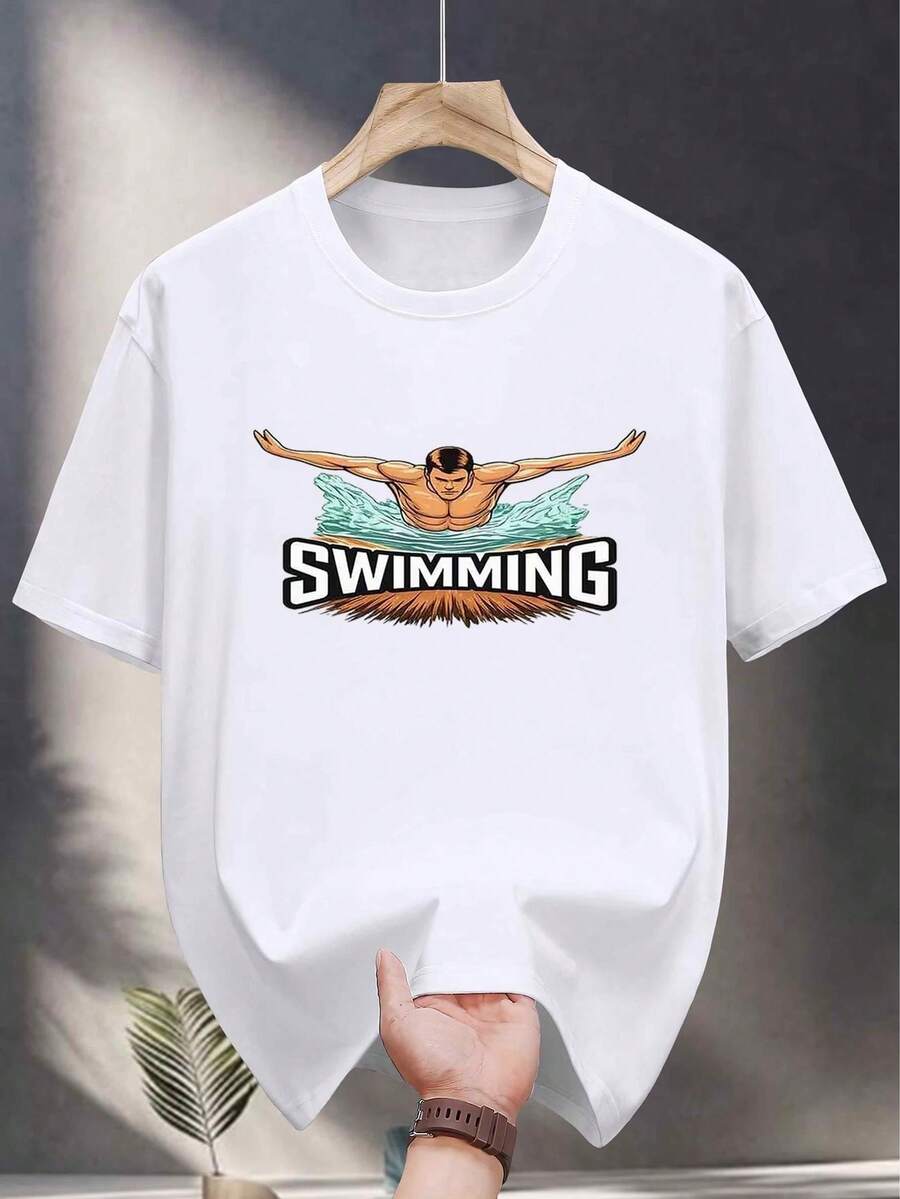 Men's Basic T-Shirt With Swim-Style Print, Round Neck, Short Sleeve, Versatile Casual Style - White - View 1