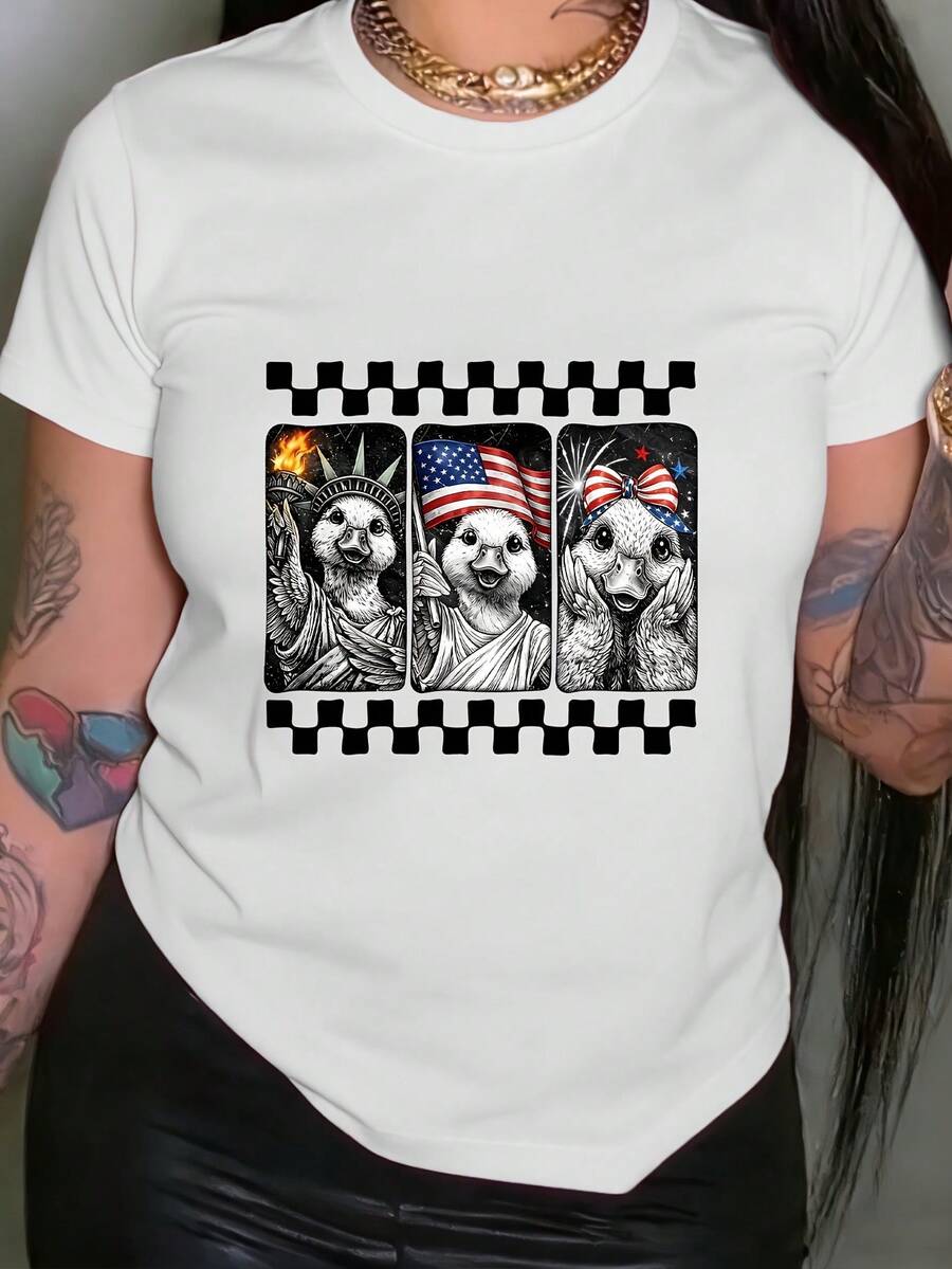 ¡Oferta por tiempo limitado, unidades limitadas,  relámpago! Camisas casuales para mujer, camisetas de poliéster para mujer, camisas elegantes.Camiseta con estampado de gansos, top informal de manga corta y cuello redondo, ideal para primavera y verano, ropa de mujer. - Blanco - Ver 1