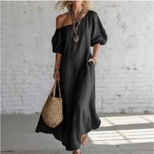 Vestido largo holgado y adelgazante de lino con hombros descubiertos y mangas farol para vacaciones europeas y americanas 2026 - Blanco - Ver 5